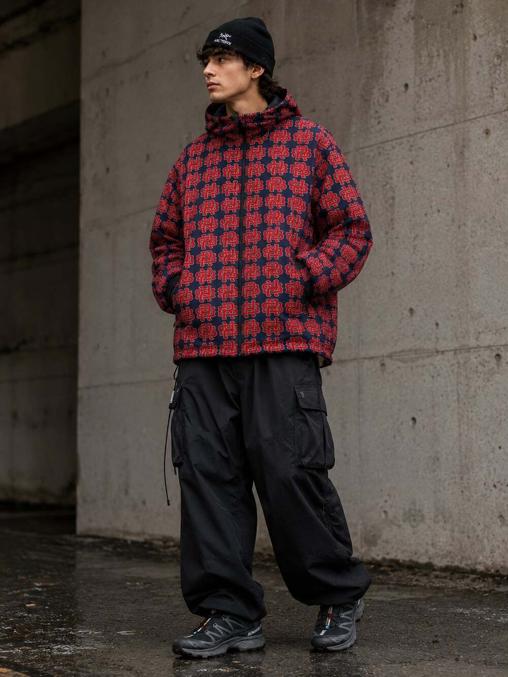 Ricche Bastard Monogram Hooded Puffer Jacket Y2K Streetwear Gorpcore